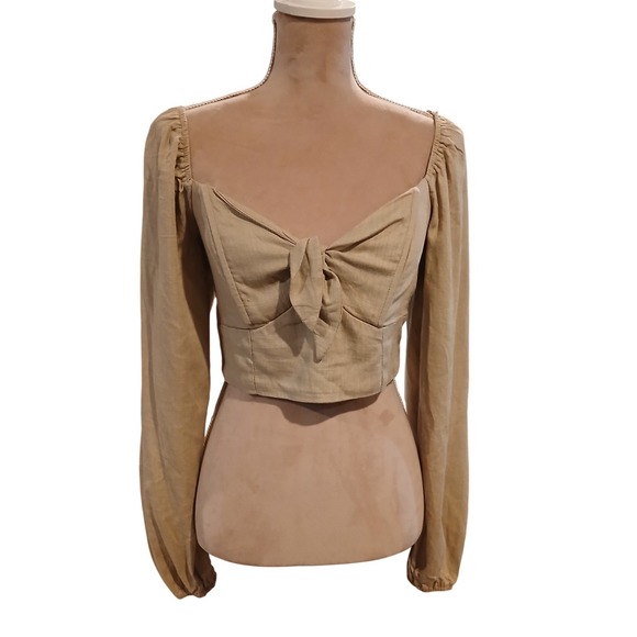 Altar'd State Tops - Altar'd State Tan Linen Blend Tie Front Puff Sleeve Crop Top Womans Medium